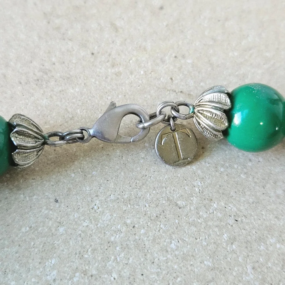 Talbots Green Long Bead Knotted Necklace Bracelet Set Gold Tone Chunky Boho 60s - Picture 5 of 5